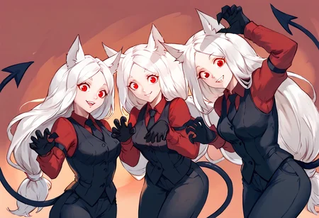 score_9, score_7_up BREAK  <lora:helltaker_cerberus_ponyXL:1>  3girls, ,htcerberus, low-tied long hair, animal ears, demon tail,slight smile,red shirt, black necktie, long sleeves, arm garter, black gloves, black vest, waistcoat, black pants, claw pose <lora:tezy8_pd_dora:1>