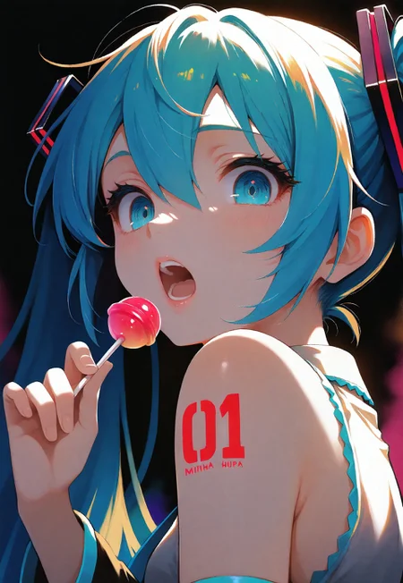1girl, hatsune_miku, bare shoulders, number tattoo, teeth, lips, thin lips, narrow mouth, solo, looking at viewer, open mouth, holding lollipop, chupa chups, upper body, from below, back lighting, dark, multicolored background, colorful, masterpiece, best quality, very aesthetic