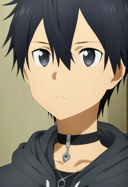 high resolution, solo, best quality, 1Boy, Kazuto Kirigaya, Black Hair, Black Eyes, bangs, necklace, choker, hair between eyes, Hoodie, OverallDetail