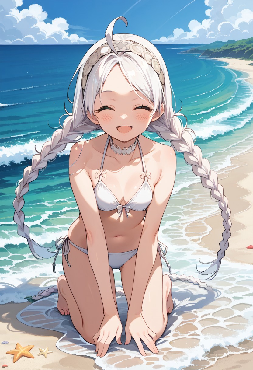 score_9, score_8_up, masterpiece, best quality, correct anatomy, detailed background, anime_source, 1girl, solo, alone, outdoors, beach, sea, barefoot, bare shoulders, exposed belly,
nina,white hair, long braids, twin braids, closed eyes, white headband, buttoned headband, white bikini, ahoge, exposed arms, bare arms,
on knees, happy smile, open mouth, blush, looking at viewer