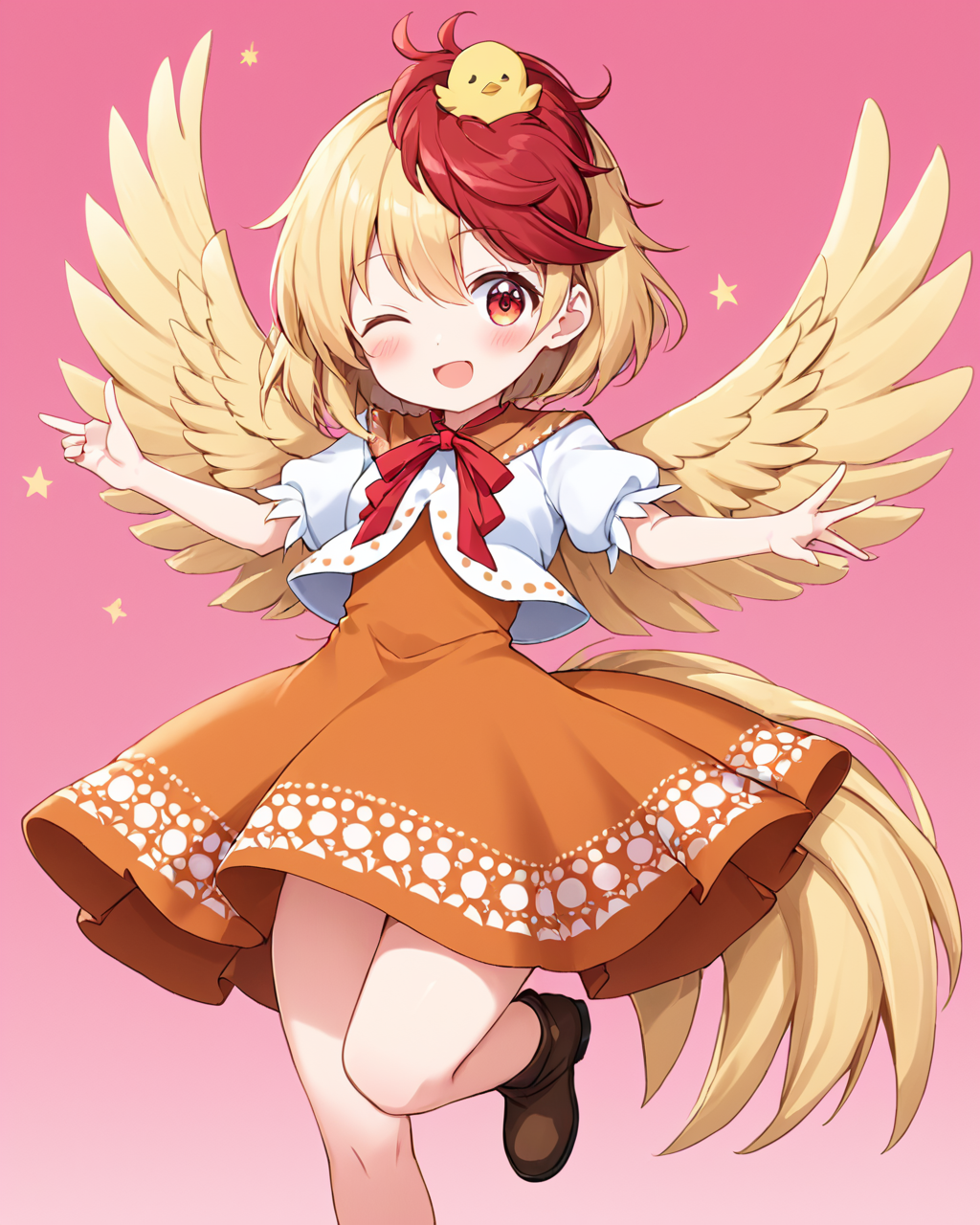 niwatari kutaka,1girl, one_eye_closed, solo, chick, smile, open_mouth, pink_sky, puffy_short_sleeves, animal_on_head, feathered_wings, looking_at_viewer, ;d, standing, white_shirt, feet_out_of_frame, boots, brown_footwear, blush, neck_ribbon, red_ribbon, orange_dress, artist_name, pink_background, animal, outstretched_arm, brown_dress, tail_feathers, tail, outdoors
<lora:niwatari_kutaka_image1327_2023-12-20-000010:1>,star-shaped_pupils,symbol-shaped_pupils,. gorgeous,key visual, vibrant, studio anime,award-winning, professional, highly detailed,high budget, cinemascope