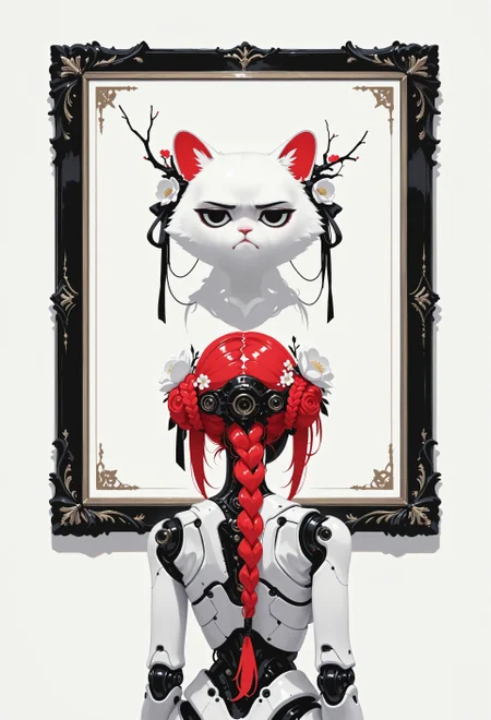 1girl, doll girl, doll joints, red hair, long hair, braided bun, hair ribbons, hair flower, standing, upper body, looking down, back view, straight on, picture \(object\),  grumpy cat \(drawing\), shadows, minimalism, (monochrome, negative space), white theme, painterly, no lineart, no outline, fine art, masterpiece, best quality, good quality, very awa, very aesthetic, absurdres, newest, 8k, high contrast, in the style of cknc, haiz_ai, wat
