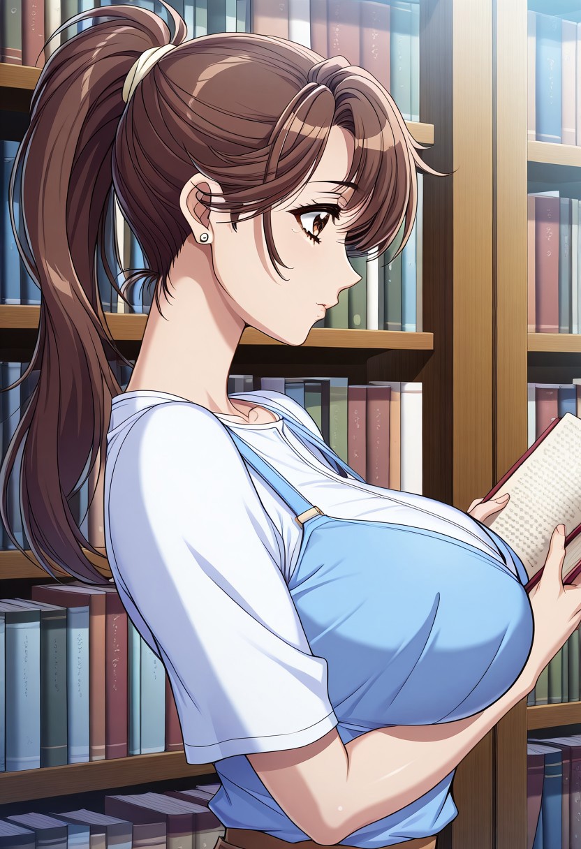 masterpiece, best quality, newest, highres, uncensored, 1girl, yokota mamoru style,1girl,
Ichijou Fuuko,Brown Hair, Long Hair, Parted to Side, Ponytail, Spiky Bangs,Brown Eyes, Tareme Eyes,Big Breast, Slim
1girl, solo, book, long hair, jewelry, reading, earrings, profile, library, bookshelf, bra, from side, holding book, breasts