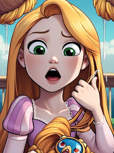 score_9, score_8_up, score_7_up, rapunzel, 1girl, open mouth, green eyes,    <lora:princesscomic_pony_v1:0.95>