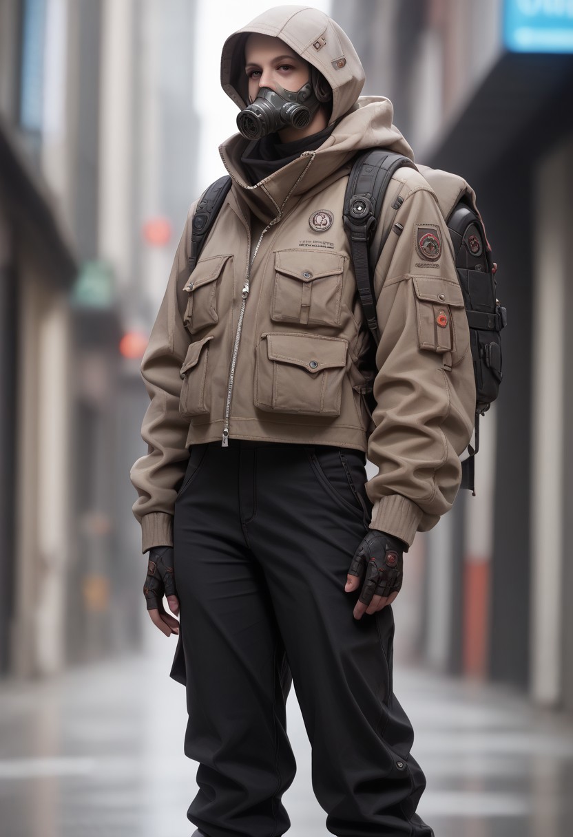 score_9, score_8_up, score_7_up, score_6_up, score_5_up, score_4_up, source_real, cowboy shot, full body, heavy fog, techwear, solo, (scifi gas mask),gloves, long_sleeves, standing, jacket, pants, hood, bag, no_humans, blurry_background, backpack, helmet, robot, mecha, 1other, zipper, science_fiction, realistic, humanoid_robot, Vivid Colors, high Contrast,