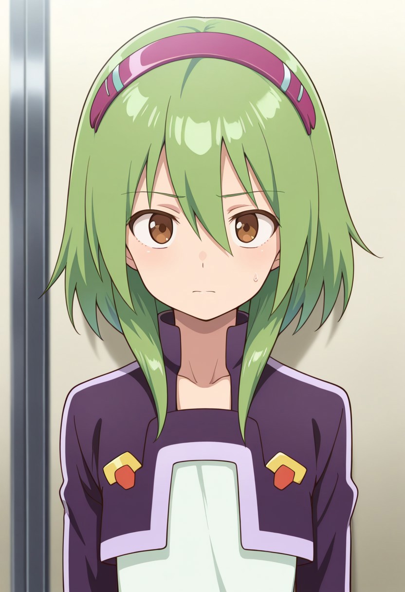 masterpiece,best quality,amazing quality, source_anime, 
FutabaTsukasa, 1boy, male focus, solo, brown eyes, green hair, hairband, collarbone, white shirt, purple jacket, cropped jacket, long sleeves,