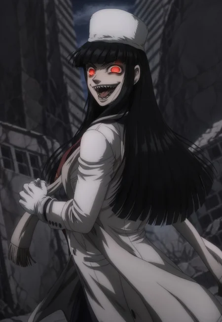 anime, masterpiece, best quality, <break> solo, 1girl, girlycardXL11, red eyes, black hair, long hair, blunt bangs, fur hat,scarf, blue shirt, red necktie, white jacket, white coat, white gloves, sharp teeth, crazy smile, open mouth, tongue out, looking back, glowing eyes, outdoors, night, ruins
<segment:yolo-Anzhc Face seg 640 v2 y8n.pt,0.4,0.5//cid=1>