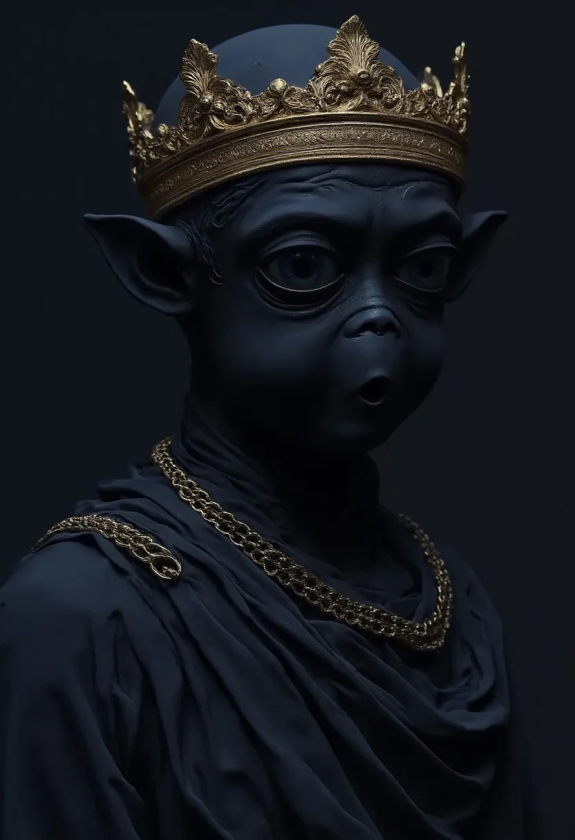 Ethereal regal black statue of Mac the alien with a golden crown, and a golden chainmail. Mystical and epic mood. At night, dark and enchanted