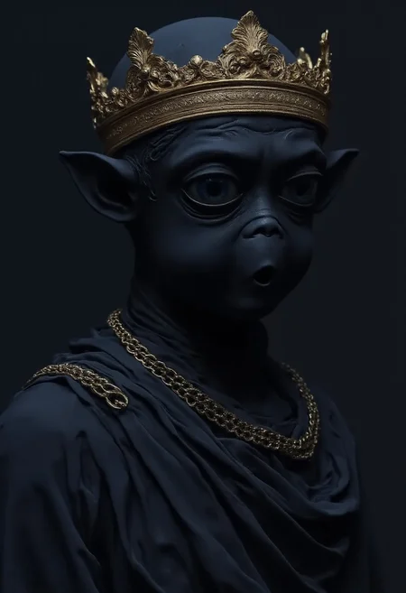 Ethereal regal black statue of Mac the alien with a golden crown, and a golden chainmail. Mystical and epic mood. At night, dark and enchanted