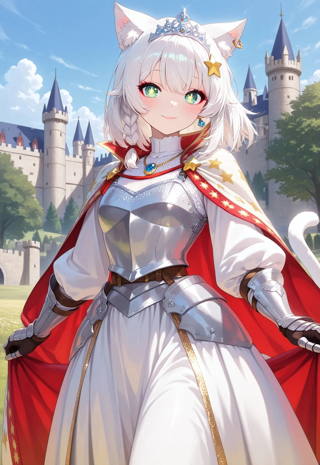 1girl, Mia White, medium hair, braid, animal ears, star shaped pupils, hair ornament, cat tail, cat girl, white hair, masterpiece, best quality, absurdres, small breasts,
princess dress, long sleeves, wide sleeves, multilayered dress, intricate gown, tiara, long skirt, royal cloak, high collar, ruffles, frills, sequins, earrings, brooch, necklace, jewelry,
armor, armored princess, steel dress, armored dress, armored skirt, breastplate, gauntlets, armored belt, armored cloak,
lipgloss, long eyelashes, eyeshadow, eyeliner, blush, makeup,
outdoors, castle, medieval, middle ages,
smile, closed mouth, looking at viewer, cowboy shot, solo, standing