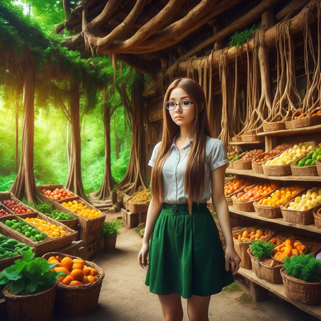 woman, anime, long_hair, glasses, Enchanting Eyes, medium_breasts, shopkeeper, beautiful, morph-treeroots, nature, Butter-T, sfw