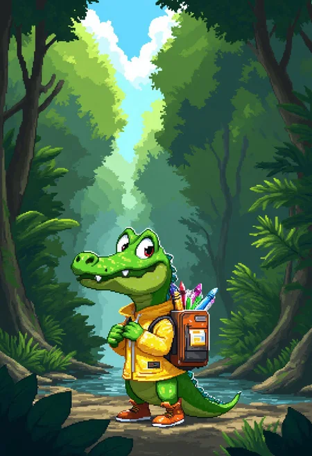 pixel-art
a sodden swamp, awash in the aftermath of a torrential downpour. Rivulets snake through the saturated undergrowth, gurgling cheerfully as they carry debris downstream. Droplets cling tenaciously to waxy leaves, refracting the dull light filtering through the tangled canopy above.
Into this soggy panorama steps a diminutive reptilian tyke, clad in a brightly colored slicker that strains comically at the buttons. Yellow polka dots clash violently with neon stripes, forming a psychedelic pattern that seems to vibrate independently of the wearer's movements. Strapped securely to its back is a pint-sized knapsack, stuffed to bursting with notebooks and crayons.
Head held high, nostrils flared defiantly against the pervasive scent of mud and rotting vegetation, the intrepid infant crocodile marches resolutely onwards. Waterlogged boots splash through shallow puddles, sending mini geysers spraying in all directions. Not once does the stalwart little soul falter, undeterred by the obstacles placed in its path.
For this braveheart is embarking on a monumental undertaking - its very first day of schooling!
...
blocky, pixel art style, 8-bit graphics, blocky, pixelated, vibrant colors, recognizable characters and objects, game assets, pixel-art,
aidmaimageupgrader, aidmaMJ6.1