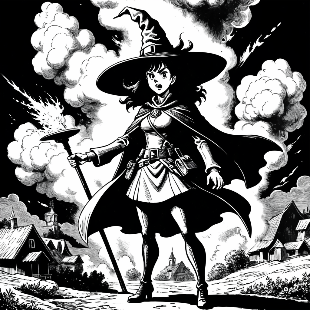 megumin wearing a witch hat and standing in front of an explosion,monochrome,art by llbreton, <lora:LLBretonXLRecent:0.8>