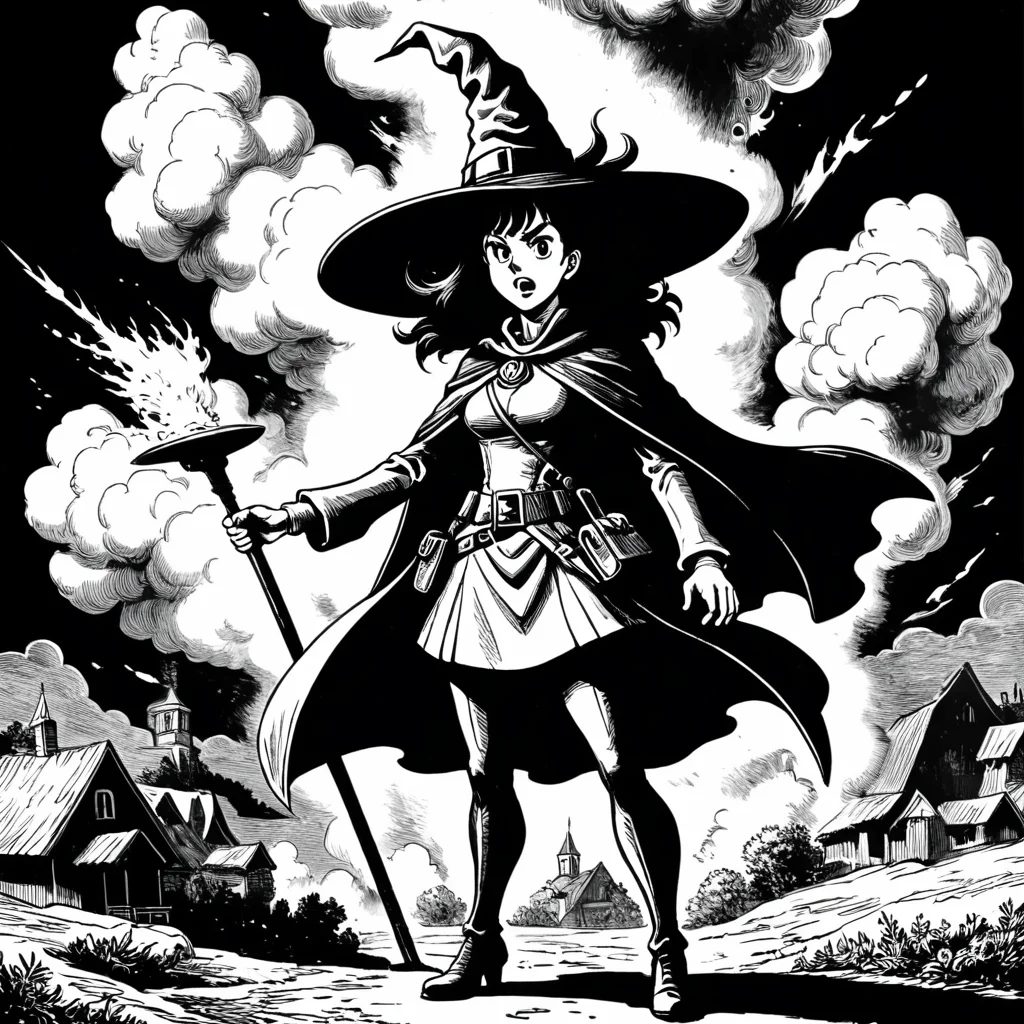 megumin wearing a witch hat and standing in front of an explosion,monochrome,art by llbreton, <lora:LLBretonXLRecent:0.8>