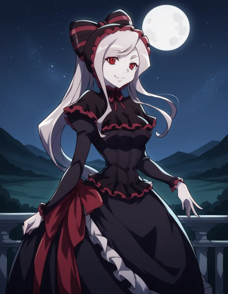 score_9, score_8_up, score_7_up, source_anime,
shalltear, <lora:shalltear-bloodfallen-s1s2-ponyxl-lora-nochekaiser:1>,
shalltear, grey hair, long hair, red eyes, silver hair,
black dress, bonnet, bow, dress, frilled dress, frills, large bow, long sleeves, vampire,
outdoors, landscape, night, moon, starry sky, smile,
looking at viewer, cowboy shot, solo, dutch angle,