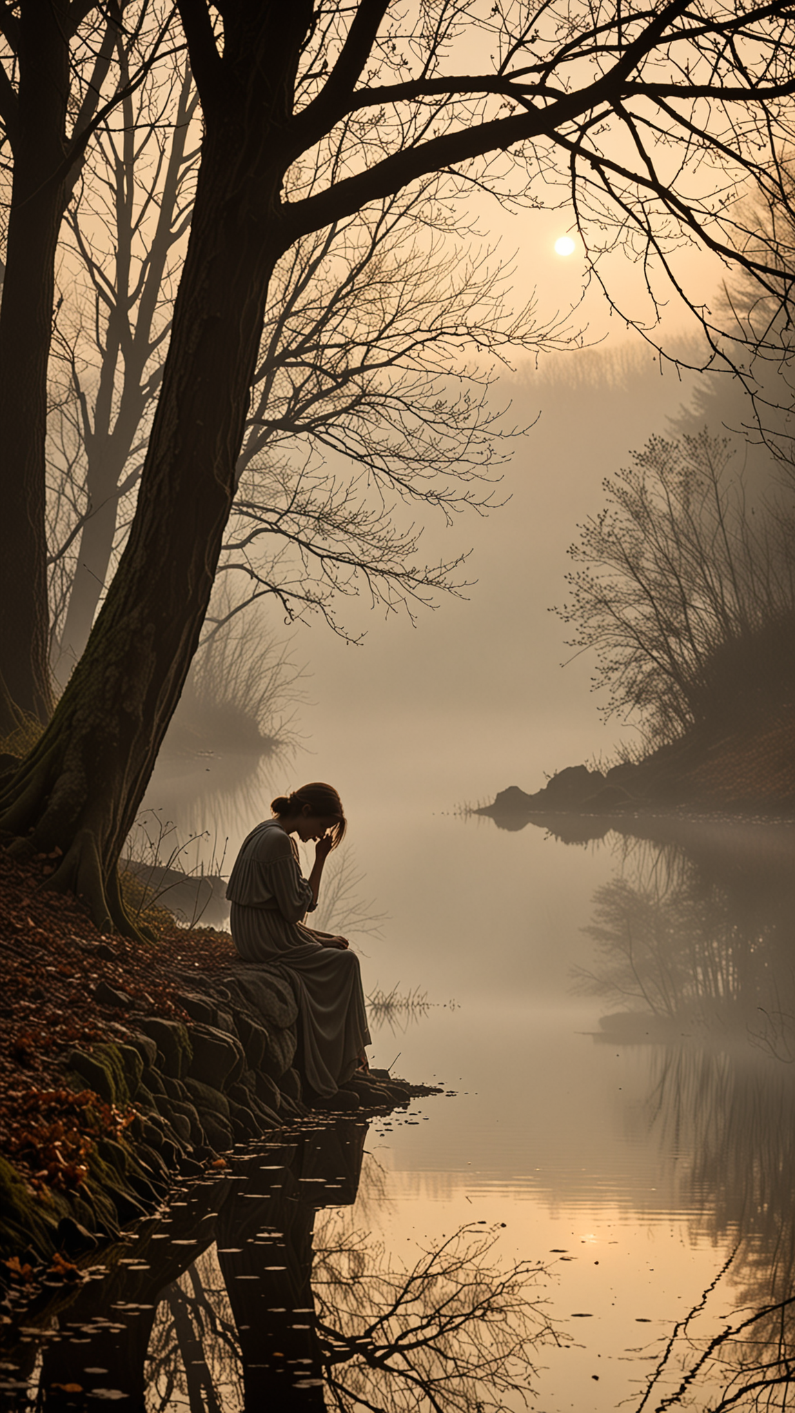 non fiction book cover art, factual, informative, clean, subtle colors in the languid twilight, a solitary silhouette stands at the edge of a forgotten lake, shrouded in an aura of lethargy and nostalgia. the fog creeps around them like a gentle lover, obscuring their features from view as they lean against the worn stone wall. as the last wisps of sunlight dissolve into the mist, the figure's gaze slowly drifts downward, as if succumbing to the weight of their own thoughts. their eyes seem to hold a deep fatigue, as if they are reliving a dreamless sleep or mourning the loss of a forgotten melody. the air is heavy with the scent of damp earth and decaying leaves, and the only sound is the soft lapping of the water against the shore, punctuated by the distant hum of a sleepy insect...