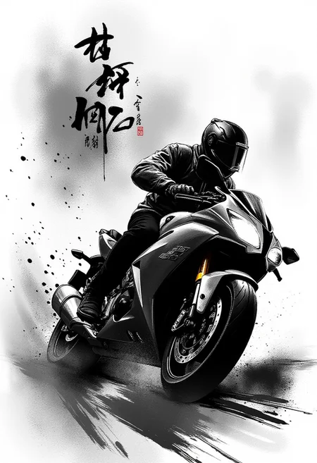 <lora:Martial_Arts_World:1>
Scene Description: Motorcyclist in Ink Wash Style
Setting:
Background: The backdrop is a black ethereal ink wash, featuring soft gradients of grayscale that evoke a sense of grandeur and focus. The background is minimalistic, allowing the character and text to take center stage.
Main Character:
Motorcyclist: depicted in a powerful action shot riding the CBR 1000. The perspective angle enhances his stature, making him appear larger-than-life, radiating strength and confidence.
Details: character features are rendered with intricate brush strokes, capturing the essence of his ability. His helmet visor captures slight reflections, while subtle details like the texture of his clothing and the contours of his motorbike are highlighted through the ink wash technique.