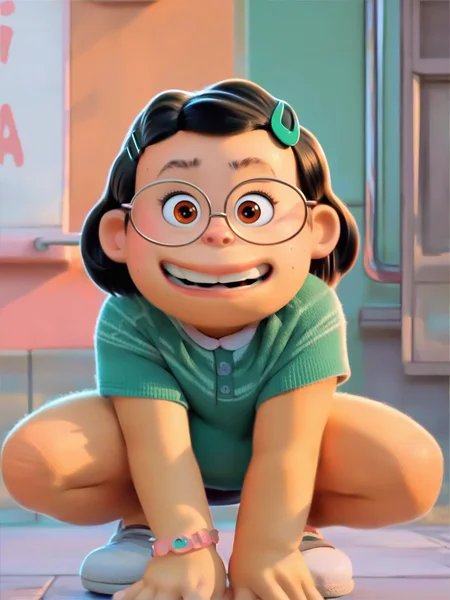 <lora:Mai_lee:0.9> m_l, 1girl, small body, plump, brown eyes, short hair, black hair, glasses, mint hairpin,   looking at viewer, squatting, front view, spreading legs, score_9, score_8_up, score_7_up,