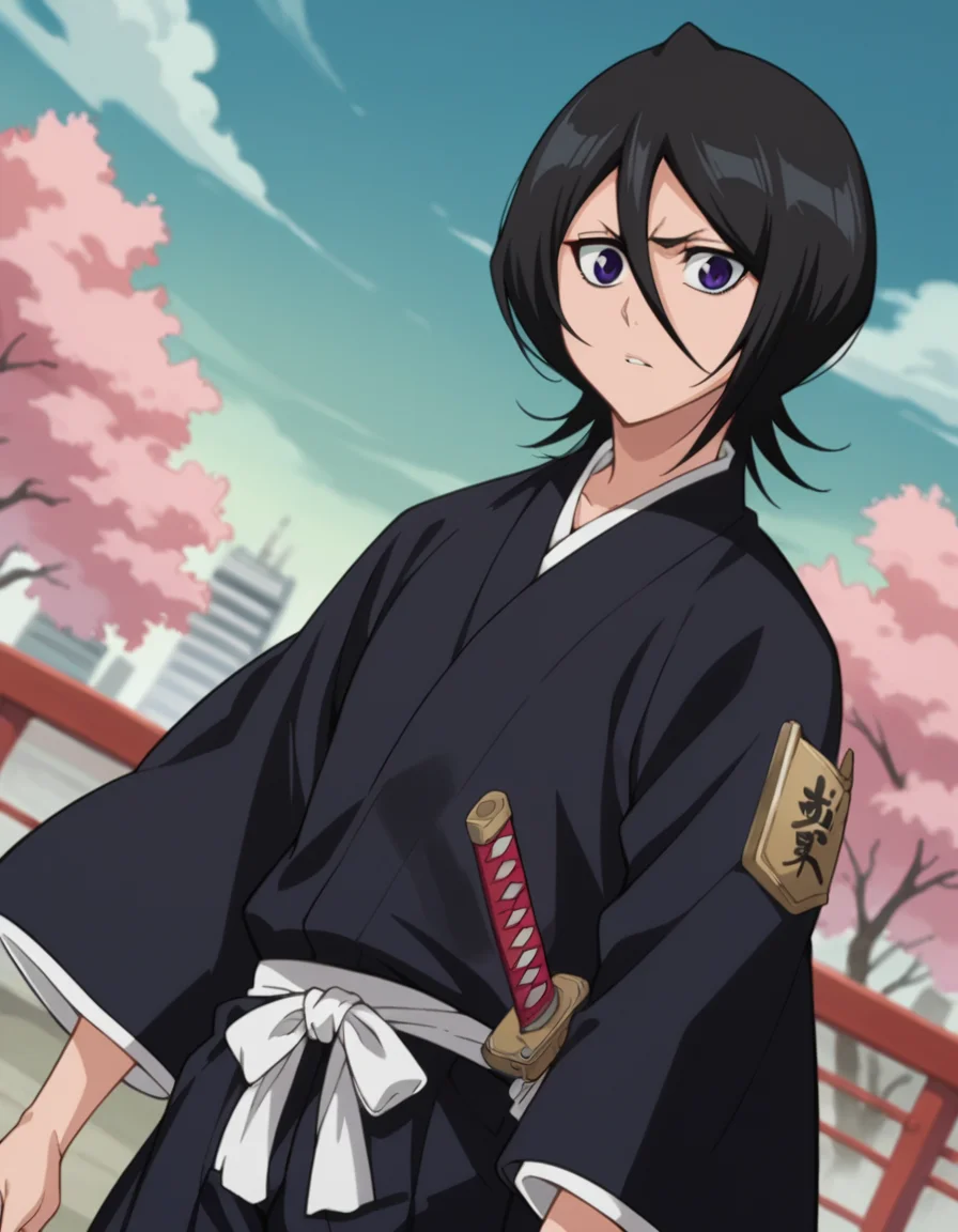 score_9, score_8_up, score_7_up, source_anime,
rukiakuchiki, <lora:rukia-kuchiki-ponyxl-lora-nochekaiser:1>,
rukia kuchiki, black hair, hair between eyes, purple eyes, short hair,
weapon, japanese clothes, sword, kimono, katana, sheath, hakama, black kimono, long sleeves, wide sleeves,
outdoors, cityscape,
looking at viewer, dutch angle, cowboy shot,