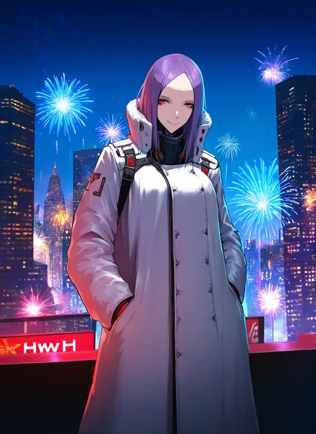 artist:, masterpiece, best quality, newest, very awa, absurdres, highres, tmnh, 1girl, cyborg, smile, purple hair, red eyes, white coat, winter, city, fireworks, detailed, <lora:Tsutomu_Nihei_Blame_Style_Illustrious:1.0>