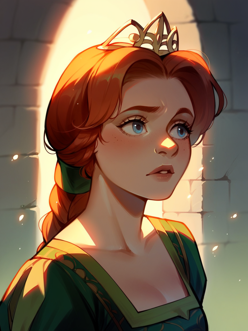 score_9, score_8_up, score_7_up, score_6_up, score_5_up,   <lora:FionaXLP:1> fiona, 1girl, red hair, pr1n, braid, green dress, blue eyes, crown