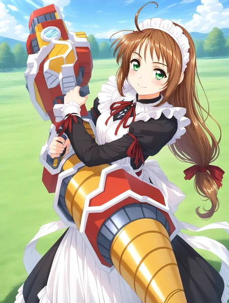general,highres, game cg, ultra-detailed,very aesthetic,best quality ,best hands, BREAK <lora:Spiral_Nami_IS:1>drii_nami, brown hair, green eyes, drill, polearm, maid apron, maid headdress, weapon, lance, ahoge, ribbon, maid, long hair, low-tied long hair,
smile,looking at viewer, cowboy_Shot,
day, grass, sky,