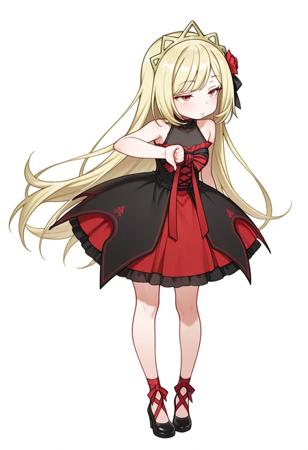 Smooth Quality,masterpiece,very intricate, high quality details, ultra realistic, high detailed skin,detailed enviorement,absurdres,
thumbs down,
<lora:Ecute_CNR:0.8> ecute_cnr, 1girl, blonde hair, very long hair, red eyes, bare shoulders, black dress, sleeveless dress, gothic fashion,tiara, hair flower,black footwear,, simple background, white background, front view,solo,, fucked silly,