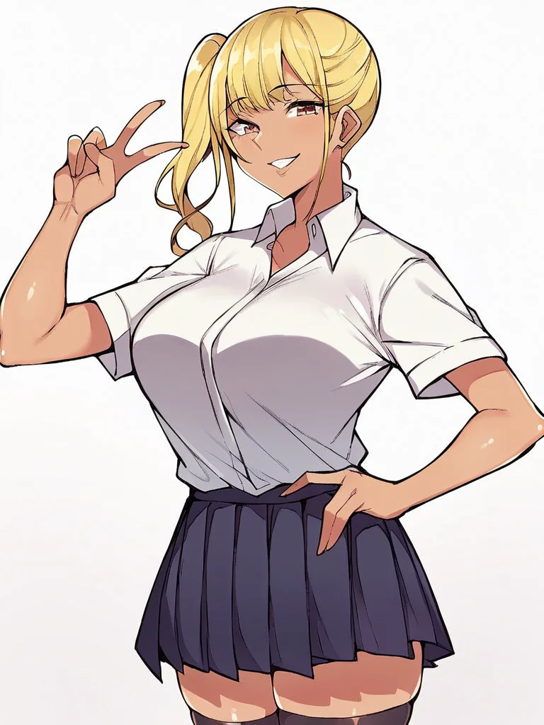 score_9, score_8_up, score_7_up,  
1girl, blonde hair, side ponytail, dark-skinned female, brown eyes, large breasts,

standing, white shirt, short sleeves, pleated skirt, thighhighs, school uniform, smile, v, parted lips, looking at viewer, white background,