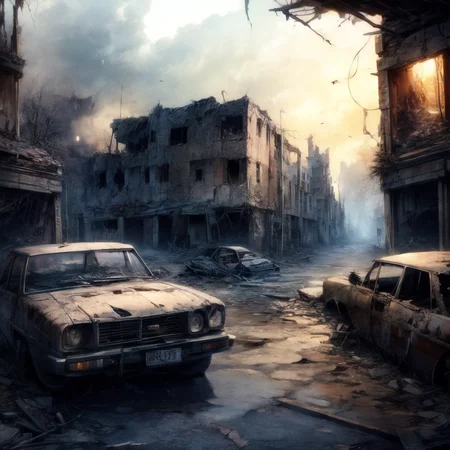 (masterpiece:1.2), (best quality,:1.2), 8k, HDR, ultra detailed, ((photorealistic)), professional light, cinematic lighting, fashion photography, ambient lighting, atmospheric effects, Wasteland, sinister and dark atmosphere, a ruined house in a destroyed city, burned out cars, epiCPhoto
<lora:add_detail:2>, <lora:Wasteland:0.9>