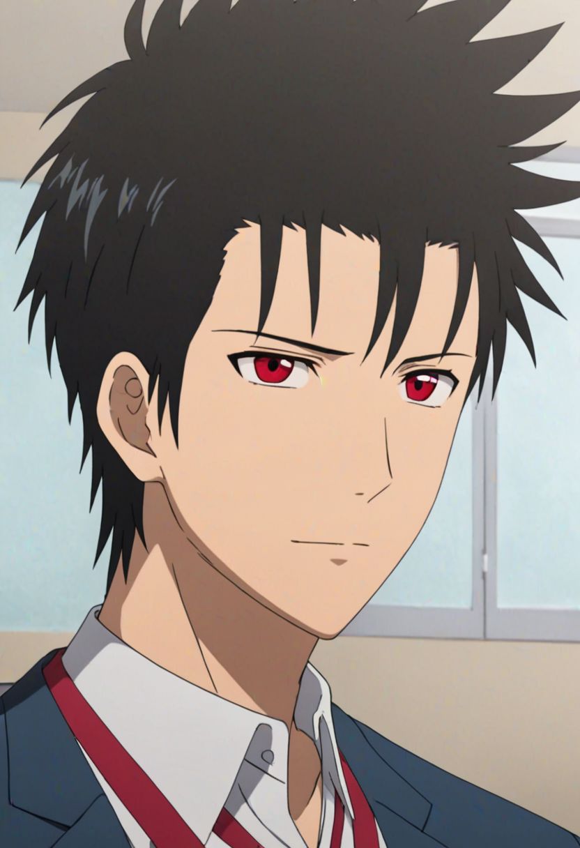 Highres, Masterpiece, High Quality, 4K, 8K, solo, 1Boy, Soujirou Agata, borown eyes, black hair, student council president, school uniform, portrait, meeting table, red armband, easynegative, detailed_eye_model