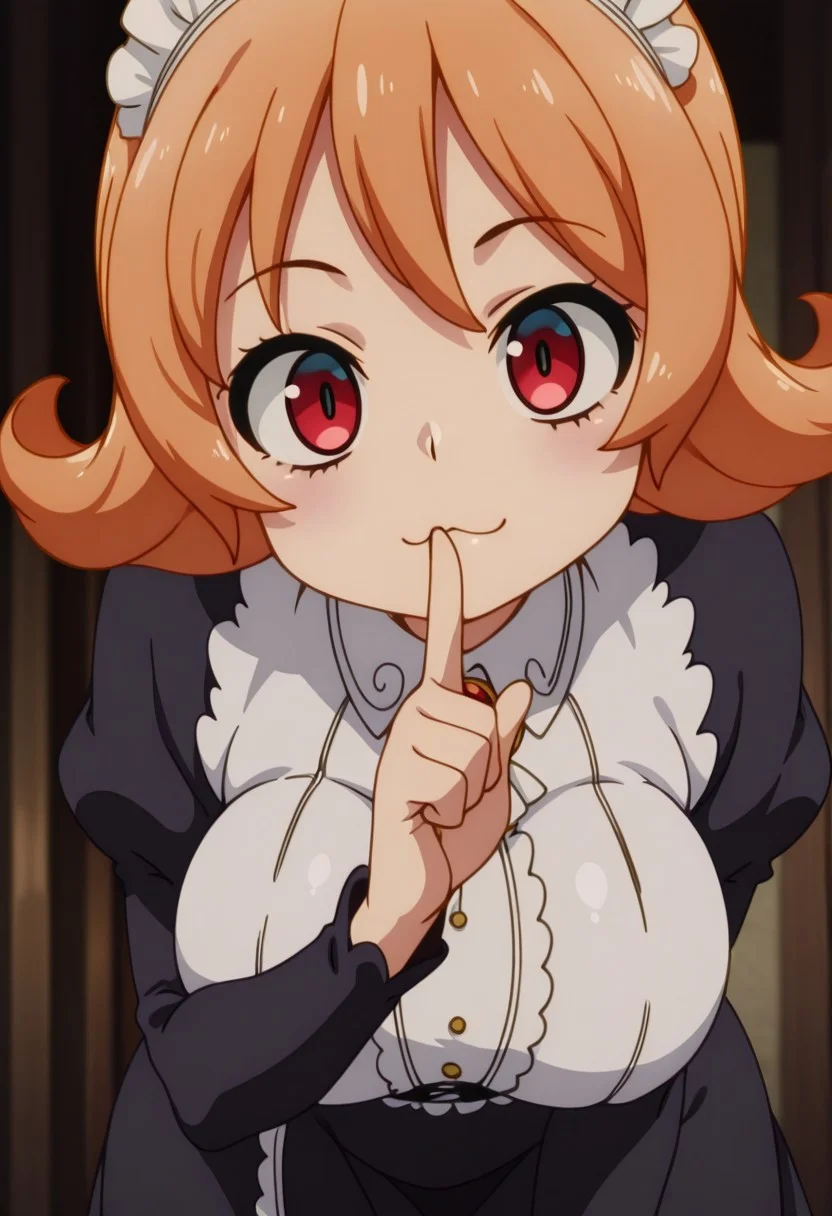 masterpiece, best quality, amazing quality,, meidri, short hair, bangs, red eyes, orange hair, flipped hair, mature female, breasts, anime screencap, ,foreshortening, shushing, finger to mouth, index finger raised,, :3, leaning forward, head tilt,