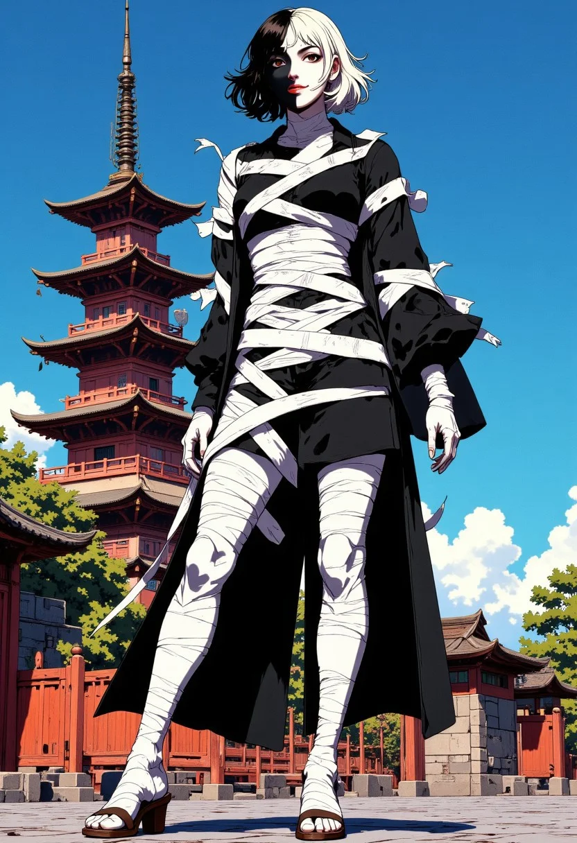 A striking full-body portrait of a woman wearing extraordinary attire made entirely of wide bandage-like wrappings reminiscent of those used to bind legendary swords. These bandages, uniform in width, wrap chaotically around her form – some diagonally, others horizontally, creating an asymmetric pattern of stark black and white. The wrappings start at her wrists, spiraling up her arms, across her torso, and end just above her knees, forming a form-fitting silhouette that accentuates her figure. she also wears a sleeveless coat that extends to her knees, flowing dramatically yet leaving her bandage-wrapped arms fully exposed. Her feet are adorned with traditional wooden geta sandals – one completely black, the other purely white – elevating her stance.
Her face is a masterpiece of theatrical makeup – painted in diagonal split pattern. One half gleaming white, encompassing her entire left eye, half her nose, and part of her lips, while the remaining portion is painted pitch black.
Her hair consist of jet black on the left side and pure white on the right, cut with precision to maintain the perfect division. She stands with one hand confidently on her hip, her posture exuding power. Her expression combines an arrogant smirk with a condescending gaze, challenging the viewer.
Behind her stands a traditional Japanese pagoda enhancing the cultural fusion of her avant-garde appearance with traditional elements.