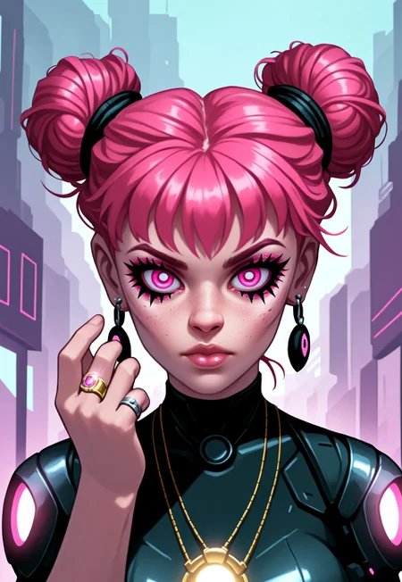 animated nightmare style, 1girl, closed mouth, cyberpunk, double bun, earrings, freckles, glowing, hair bun, hand up, jewelry, lips, looking at viewer, makeup, medium breasts, necklace, nose, outdoors, pink eyes, pink hair, ring, solo, upper body