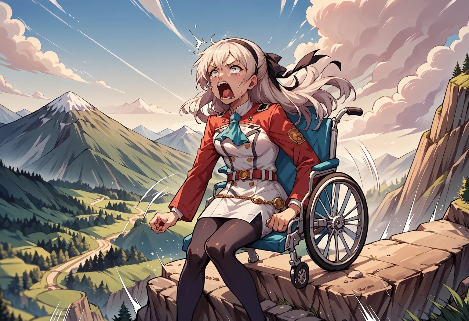 score_9, score_8_up,score_7_up, source_anime,
BREAK
mountain,speed lines, blurry background,hill, cliff,
BREAK
wheelchair, sitting, speed lines, flying,
BREAK
sitting,zeroElie, black hairband, hair ribbon, long hair, ascot, uniform, long red sleeves, white dress, pencil skirt, belt, black pantyhose, white boots, aquascreaming, screaming, open mouth, crying with eyes open,
<lora:Wheelchair_XLPD:0.8>
<lora:elie-pdxl-nvwls-v1:0.8> <lora:concept_aquascreaming_ponyXL:0.8>