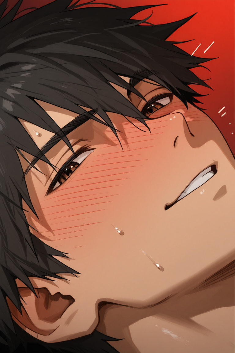realistic shading, dark environment, dim lighting, male focus, seductively looking at viewer, expressive face, doujouts, black_doujouts_male hair, brown_doujouts_eyes, half-closed eyes, 1boy, naughty face, smirking, teeth, drunk, blushing, shiny skin, wet, sweating, sweatdrop, extreme close-up, eye focus, simple plain red background, dutch angle, dynamic angle, fidgetting, motion lines, intricately detailed illustration, depth of field, masterpiece, best quality, amazing quality, very aesthetic, absurdres, newest, anime screencap