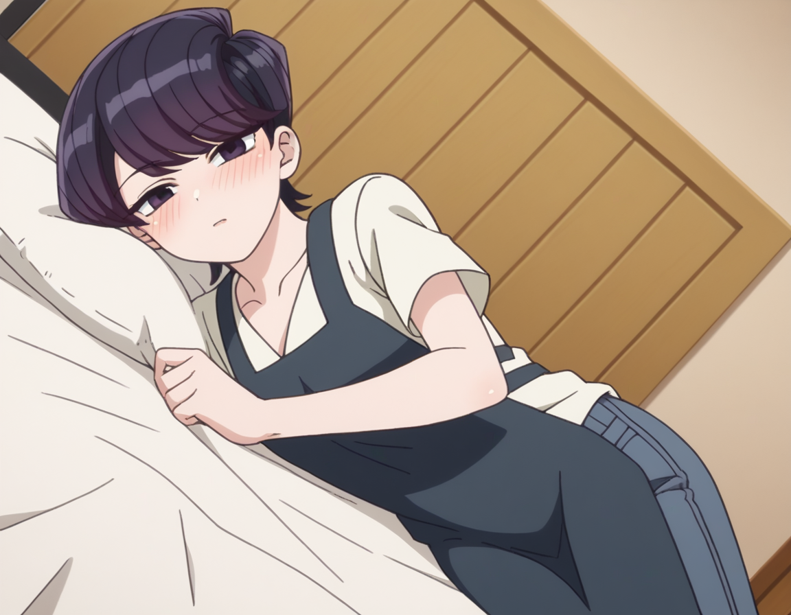 score_9, score_8_up, score_7_up, source_anime,
shuukokomi, <lora:shuuko-komi-s1s2-ponyxl-lora-nochekaiser:1>,
shuuko komi, short hair, black hair, black eyes, half-closed eyes,
shirt, white shirt, short sleeves, pants, apron, denim, jeans, blue apron,
indoors, bed, bed room, on side, blush, drunk,
looking at viewer, cowboy shot, dutch angle, solo,