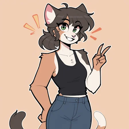 score_9_up, score_8_up, score_7_up, score_6_up, half-length portrait, by remanedur, furry female, calliope kyatto, cat, calico cat, female, furry, ponytail, green eyes, dark hair, looking at viewer, tank top, jeans, sneakers, solo, v sign, three-quarter view, standing, slim, smile, happy, head tilt, simple background, white outline, <lora:Leah_Pines(AIM)_XL_v1:0.75>, <lora:PDXL_artist_tags_v2_big:0.8> <lora:The-Minuscule-Task_PDXL_v1.0:0.8> <lora:Calliope_Kyatto_427Deer:0.75>