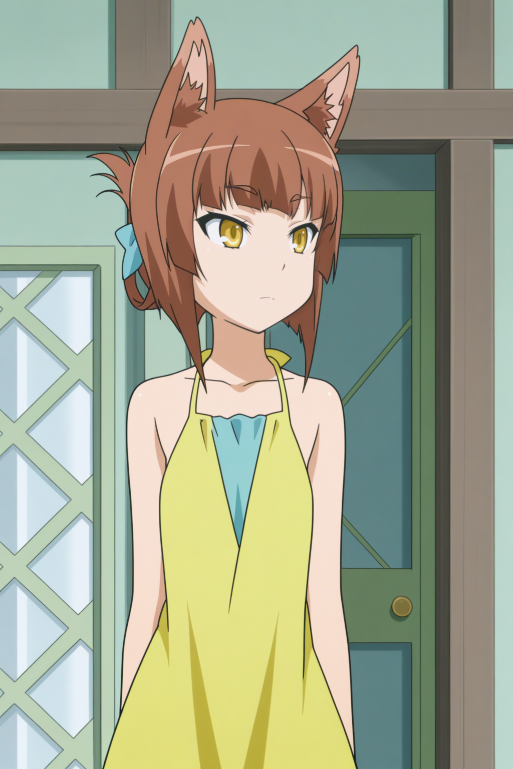 enja niuhali, yellow dress, anime coloring, front view <lora:Astarotte_no_Omocha_-_illustriousv0:0.8>