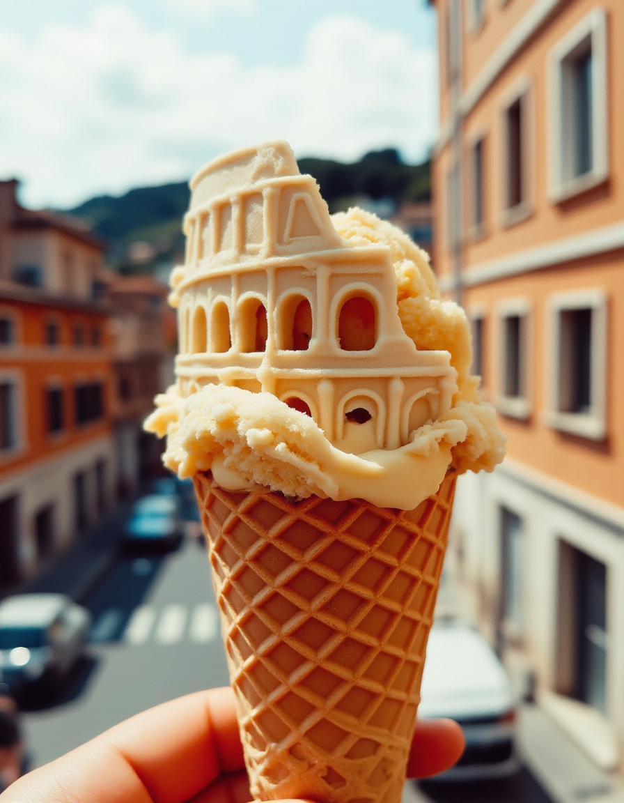 A delicately carved ice cream cone shaped like the Roman Colosseum, featuring textured layers forming the ancient arches. The sculpted folds mimic the weathered stone, while slightly melted edges suggest history frozen in time. The waffle cone foundation integrates smoothly, reinforcing the structure. The Italian sun casts a golden glow, with Romeâs bustling streets in the distance.
<lora:ice-cream-cone-flux:1>