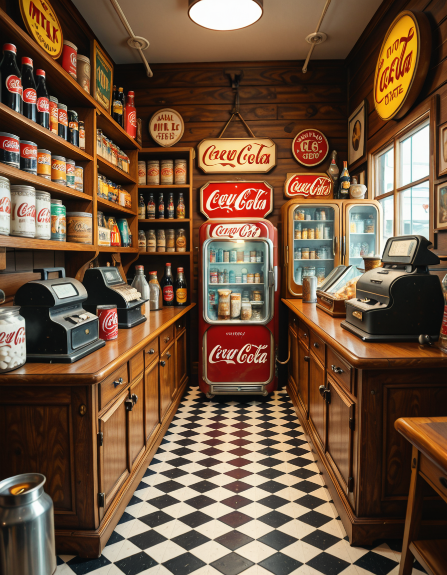 A vintage 1950s grocery store filled with nostalgic details. Wooden shelves neatly stocked with classic canned goods, glass soda bottles, and colorful retro packaging. An old-fashioned cash register sits on the wooden counter, next to a small scale for weighing produce. The checkered black-and-white tile floor adds to the mid-century charm, while hand-painted signs on the walls advertise milk, bread, and coffee in bold, retro fonts. A display of penny candy in glass jars sits near the entrance, and a vintage Coca-Cola refrigerator hums in the background. Soft, warm lighting casts a nostalgic glow over the scene, enhancing the rich textures of wood, glass, and metal, capturing the essence of a bygone era.
<lora:SDXLFaeTastic2400:0.4> <lora:extremely_detailed:0.4> extremely detailed
,1950s grocery st0r3, <lora:1950s_grocery_st0r3-i:1>, Masterpiece,best quality,hi res,8k,hi res,8k,award winning,(sharp focus, intricate, highly detailed),