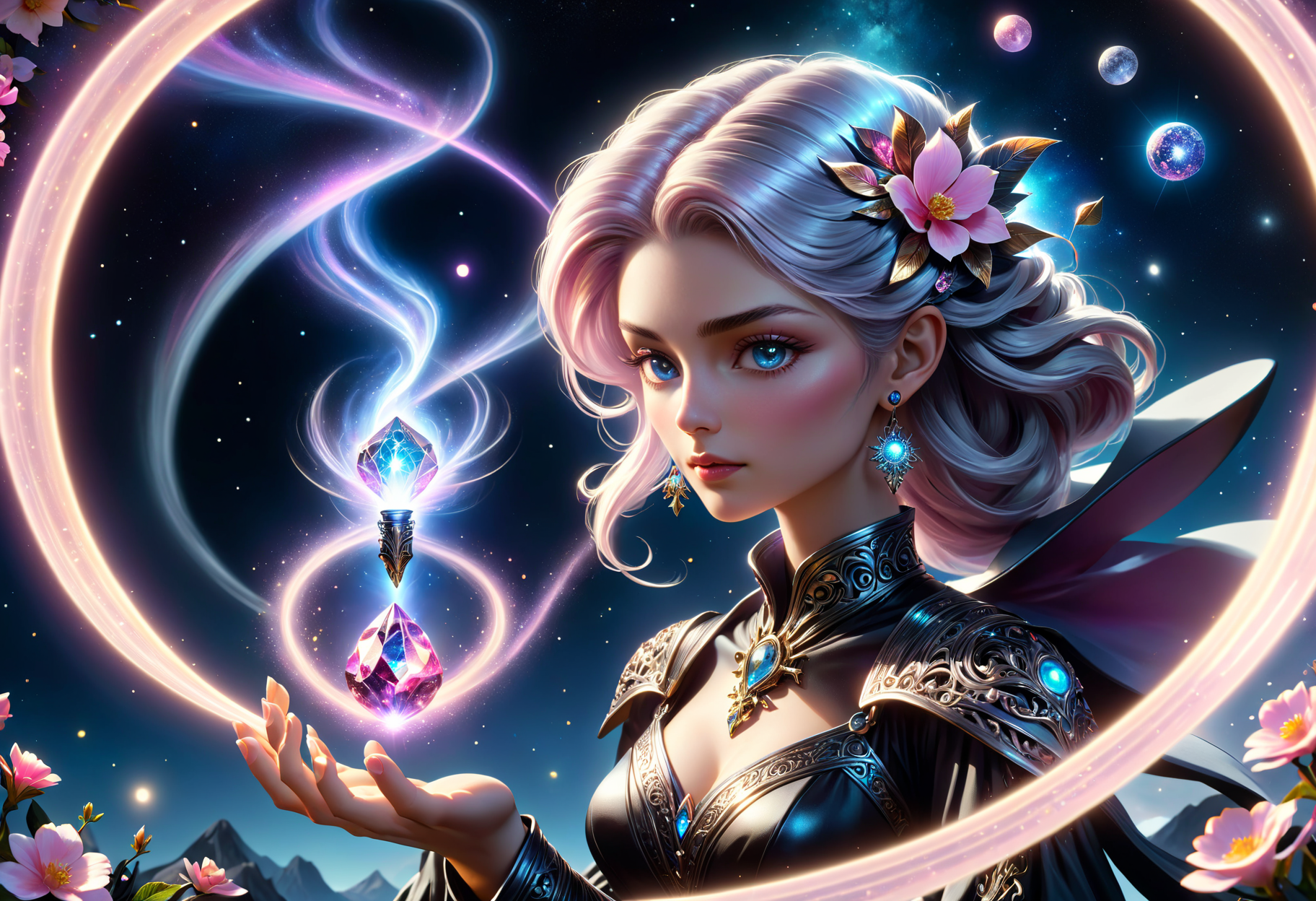 hyper detailed masterpiece, dynamic, awesome quality, female chronomancer  (mindfulness,light-speed trails print,cone,lunar steel,holographic glitter,metallic sheen,ferromagnetic,praseodymium,morganite,ornate,celestial,spring bloom,ivory black,quinacridone pink,glow,flourish,incantation magic:1.0) DonMM4g1cXL <lora:DonMM4g1cXL_v1.2:0.7> <lora:Perfect Hands v2:1.0> Perfect Hands