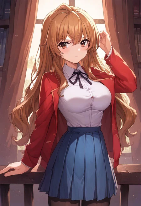 Mogudan, score_9, score_8_up, score_7_up, source_anime, prefect lighting, very aesthetic, intricate details, highly detailed background, masterpiece, high quality, prefect hands, best quality, uncensored, nsfw, 1girl, solo, medium breasts, Aisaka_Taiga, brown eyes, brown hair, long hair, pleated skirt, blue skirt, white shirt, collared shirt, black thighhighs, black ribbon, neck ribbon, jacket, red jacket, wooden sword