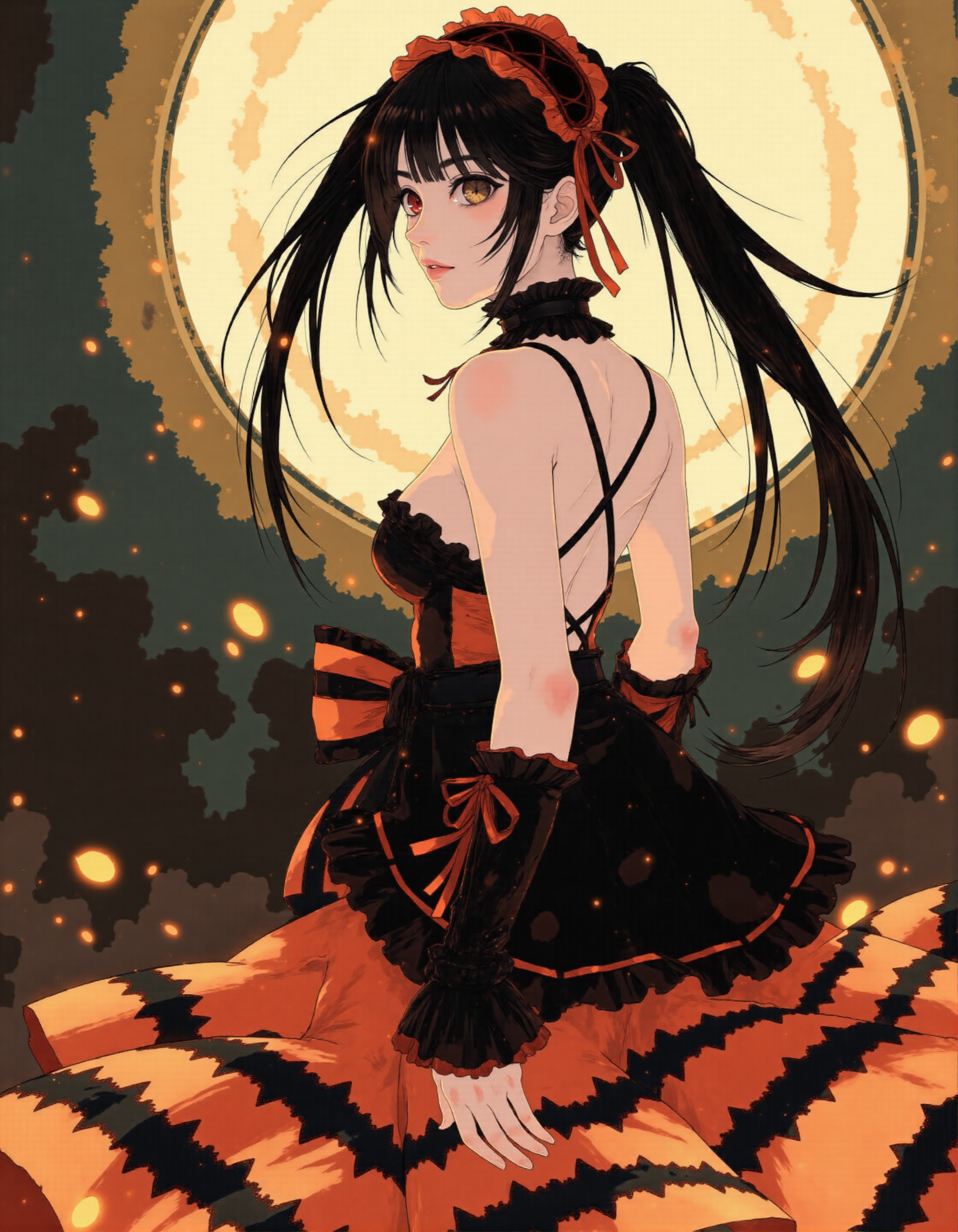 tokisakikurumi a girl in an orange and black dress, standing in front of a clock. <lora:Blue_Future:0.8>, <lora:수묵화:0.8>
