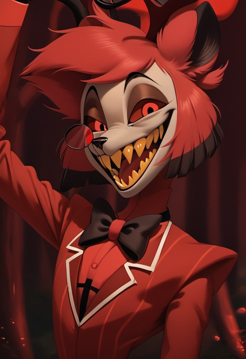 score_9, score_8_up, score_7_up, score_6_up, masterpiece, solo, ((detailed eyes, detailed face, detailed fur, 
BREAK
Great Prince of the Forest, GPotF, deer, buck, disney, antlers, red fur, beige markings, brown eyes, brown eyelids, brown eyeshadow, eyeliner, black eyebrows, anthropomorphic deer, furry, anthro deer, animal focus, alastor_hh, alastor \(hazbin hotel\), solo, red theme, 1boy, red eyes, bow, smile, looking at viewer, evil smile, grin, short hair, bowtie, horror, monocle (theme), sharp teeth, yellow teeth, laughing, open mouth
<lora:add-detail-xl:1.0>