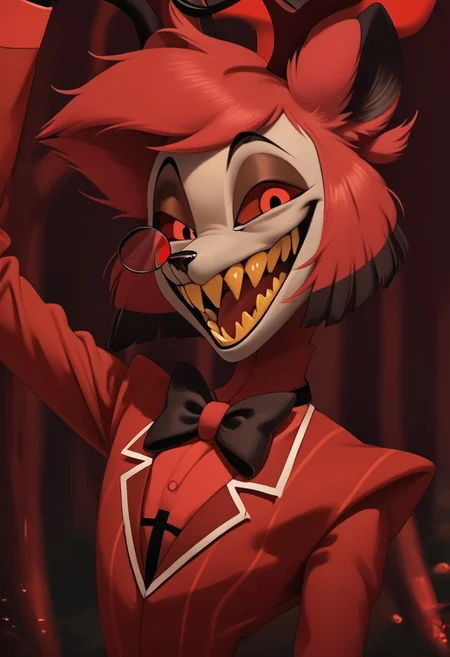 score_9, score_8_up, score_7_up, score_6_up, masterpiece, solo, ((detailed eyes, detailed face, detailed fur, 
BREAK
Great Prince of the Forest, GPotF, deer, buck, disney, antlers, red fur, beige markings, brown eyes, brown eyelids, brown eyeshadow, eyeliner, black eyebrows, anthropomorphic deer, furry, anthro deer, animal focus, alastor_hh, alastor \(hazbin hotel\), solo, red theme, 1boy, red eyes, bow, smile, looking at viewer, evil smile, grin, short hair, bowtie, horror, monocle (theme), sharp teeth, yellow teeth, laughing, open mouth
<lora:add-detail-xl:1.0>