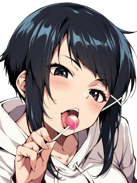 score_9, score_8_up, score_7_up,
1girl, kyouko ke, black hair, short hair, x hair ornament, large breasts,
black eyes,
white background, face, close-up, holding lollipop, licking lollipop, looking at viewer, white hoodie,