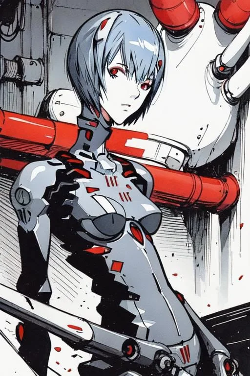 <lora:blame5:1>, cyborg rei ayanami, (ayanami rei:1.2), blue hair, short hair, (red eyes:1.3), portrait, dim light, ((heavy black and white)), only head portrait, blame, full of tubes, biomechanical, giger, horror, mechanical, tubes and metal, rei ayanami, (ayanami rei:1.2), blue hair, short hair, (red eyes:1.3),, bodysuit, headgear, plugsuit, black bodysuit, , hand drawn, pencil drawn, watercolor, painting, handmade