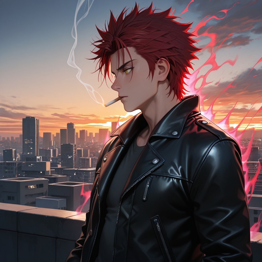 masterpiece, best quality, amazing quality, absurdres, newest, detailed background, definition so sharp, Ultra-HD, 8K cinematic, very awa, impressionate, amazing quality, highres, 
solo, male focus, manly, 
1boy, spiked hair, short hair, mikoto_red hair, mikoto_yellow eyes, mikotosuoh, profile, looking away, thoughtful expression,casual wear, leather jacket, rooftop, city skyline, sunset, wind, cigarette, smoke, deep in thought, powerful aura, silent threat