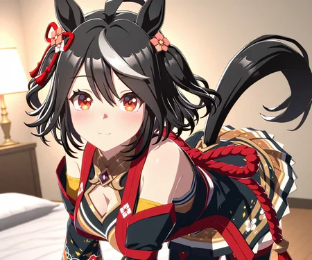 masterpiece, best quality, amazing quality, , 1girl, solo, looking at viewer, <lora:Kitasan Black in game style 3D:1> ummsmingame, 3d, kitasan black \(umamusume\)