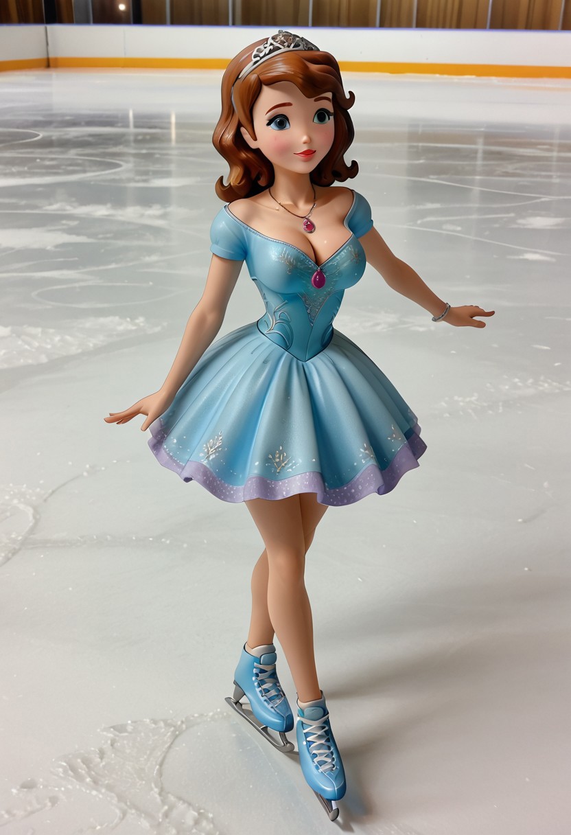 sofia_the_first, necklace, figure skating leotard,sexy dress, on ice rink, large breasts, cleavage